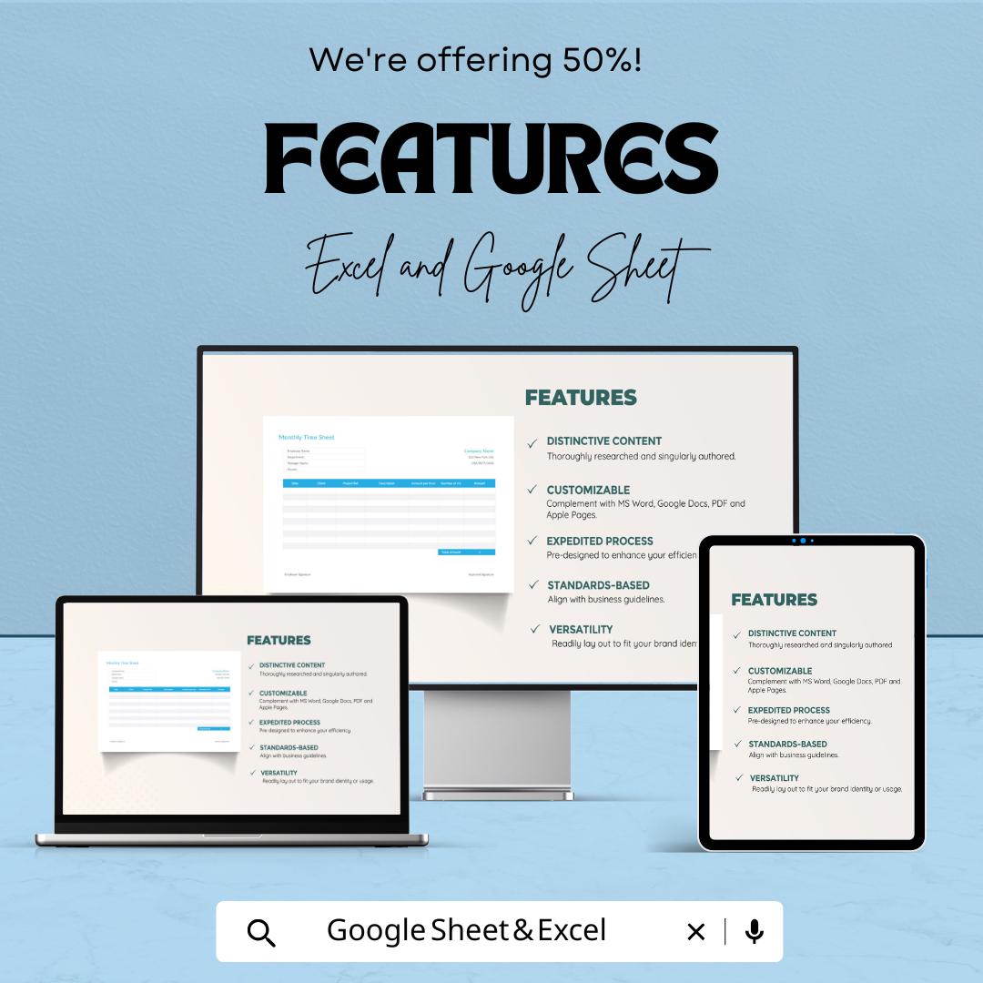Monthly Timesheet Template | Employee Work Hours Tracker | Payroll Time Log Spreadsheet | Excel & Google Sheets | Printable Time Sheet Form