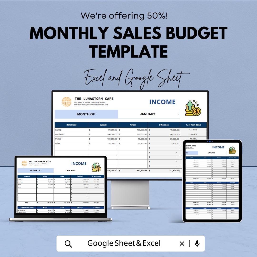 Monthly Sales Budget Template | Sales Budget Spreadsheet | Revenue Tracker Template | Sales Forecast Planner