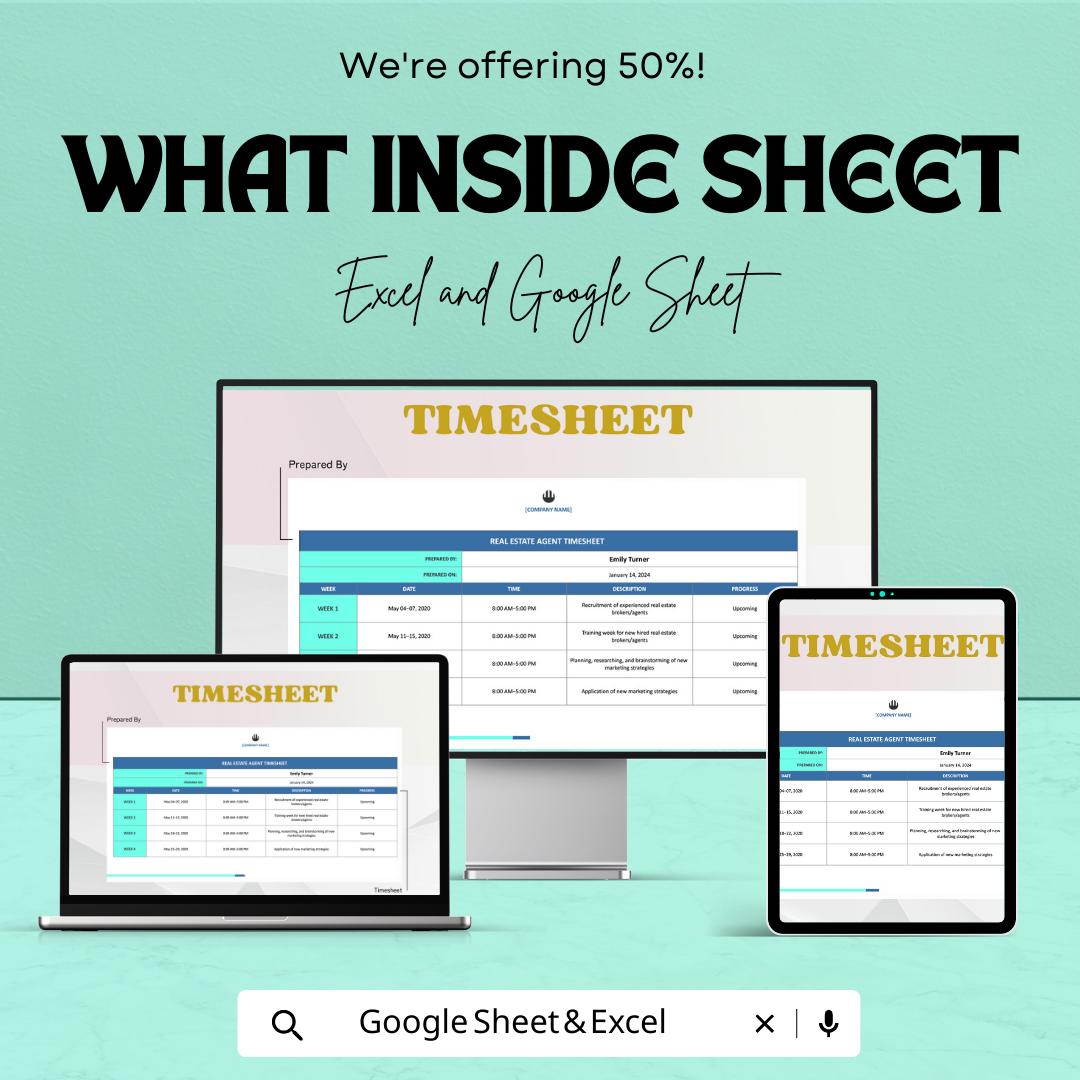 Monthly Real Estate Timesheet Template | Real Estate Agent Time Tracker | Excel & Google Sheets | Agent Work Log