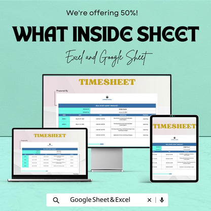 Monthly Real Estate Timesheet Template | Real Estate Agent Time Tracker | Excel & Google Sheets | Agent Work Log