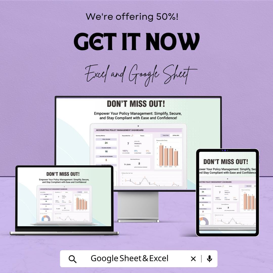 Accounting Policy Management Dashboard Template | Policy Tracker | Compliance Dashboard | Finance Spreadsheet | Editable Template