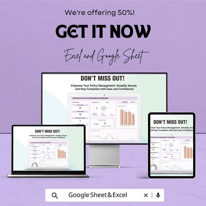 Accounting Policy Management Dashboard Template | Policy Tracker | Compliance Dashboard | Finance Spreadsheet | Editable Template
