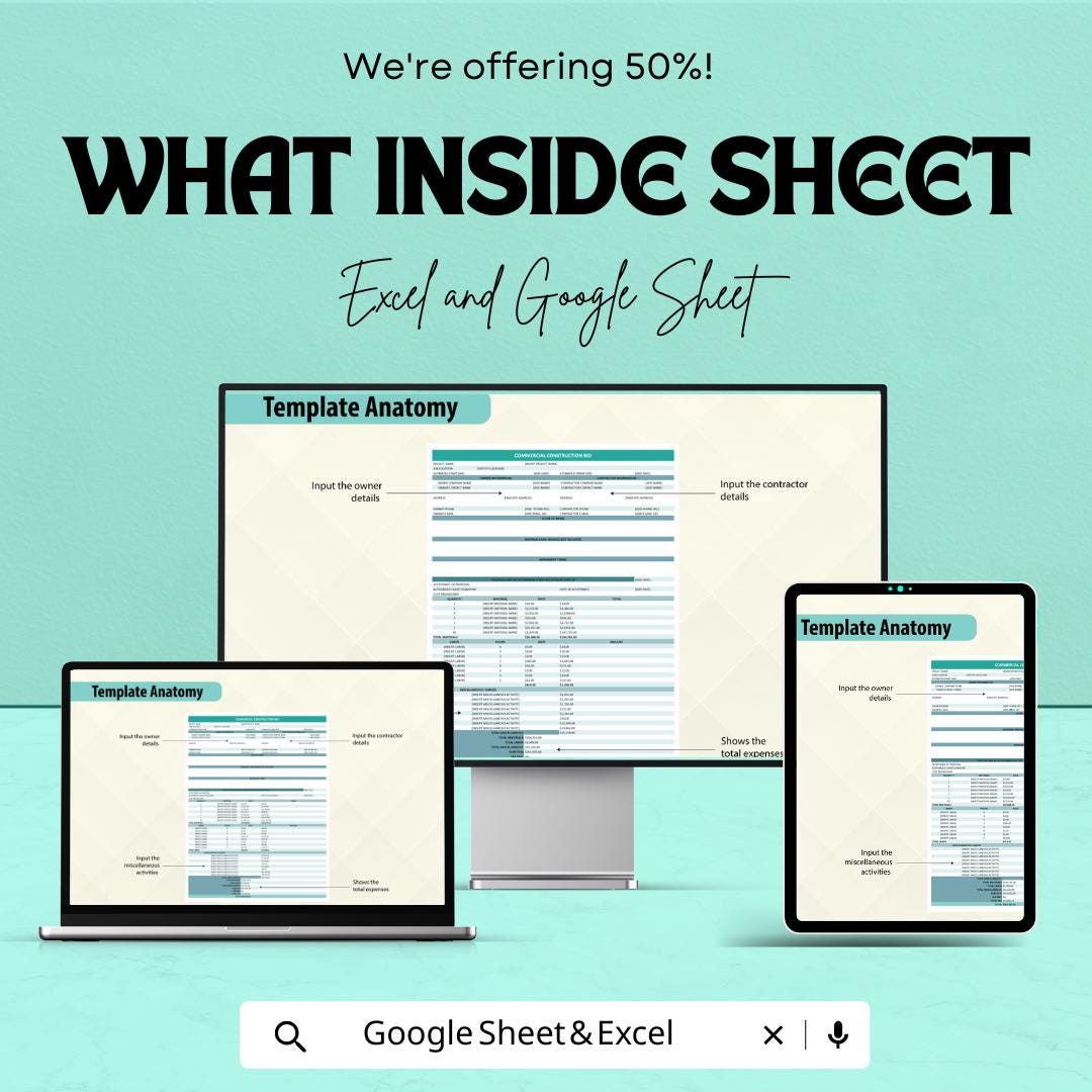 Commercial Construction Bid Sheet Template | Excel & Google Sheet | Detailed Project Cost Breakdown | Construction Estimation