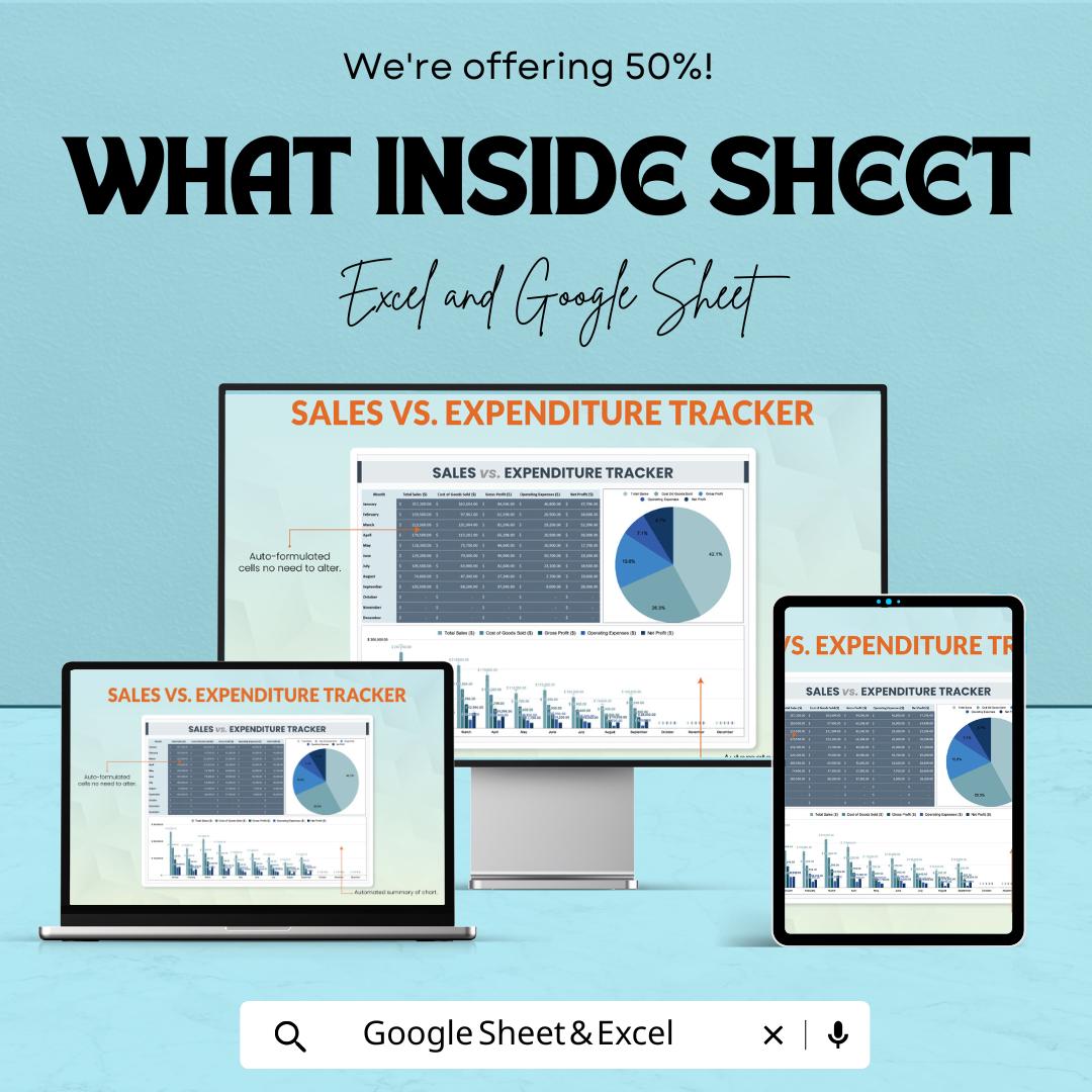 Sales vs Expenditure Tracker Template | Excel and Google Sheets | Business Budget Tracker | Income and Expense Dashboard |