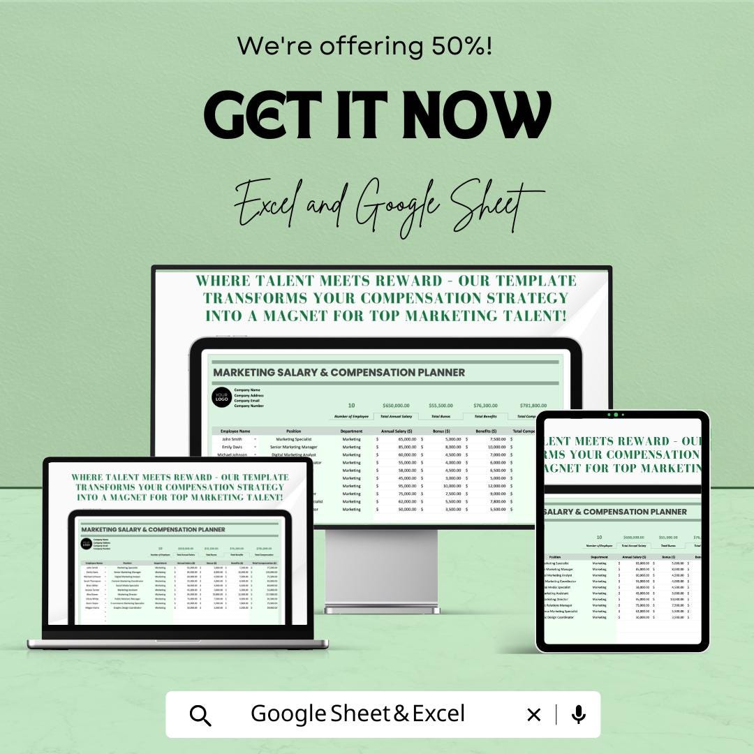 Marketing Salary & Compensation Planner - Excel and Google Sheet Template for HR, Salary Structures, Employee Compensation, and Bonuses
