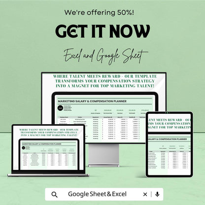 Marketing Salary & Compensation Planner - Excel and Google Sheet Template for HR, Salary Structures, Employee Compensation, and Bonuses