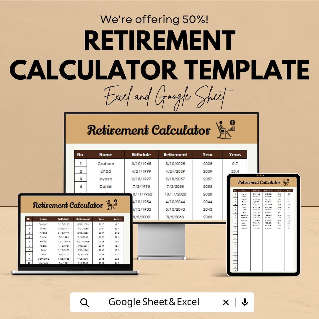 Retirement Calculator Template | Retirement Age Calculator | Planning Worksheet | Editable Spreadsheet | Retirement Tracker