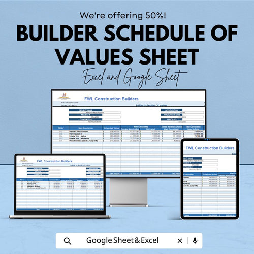 Builder Schedule of Values Sheet | Construction Project Management Template | Excel & Google Sheets | 50% Off