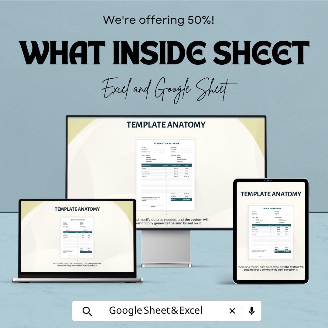 Simple Contractor Estimate Template | Construction Estimate Spreadsheet | Job Quote Invoice | Excel & Google Sheets