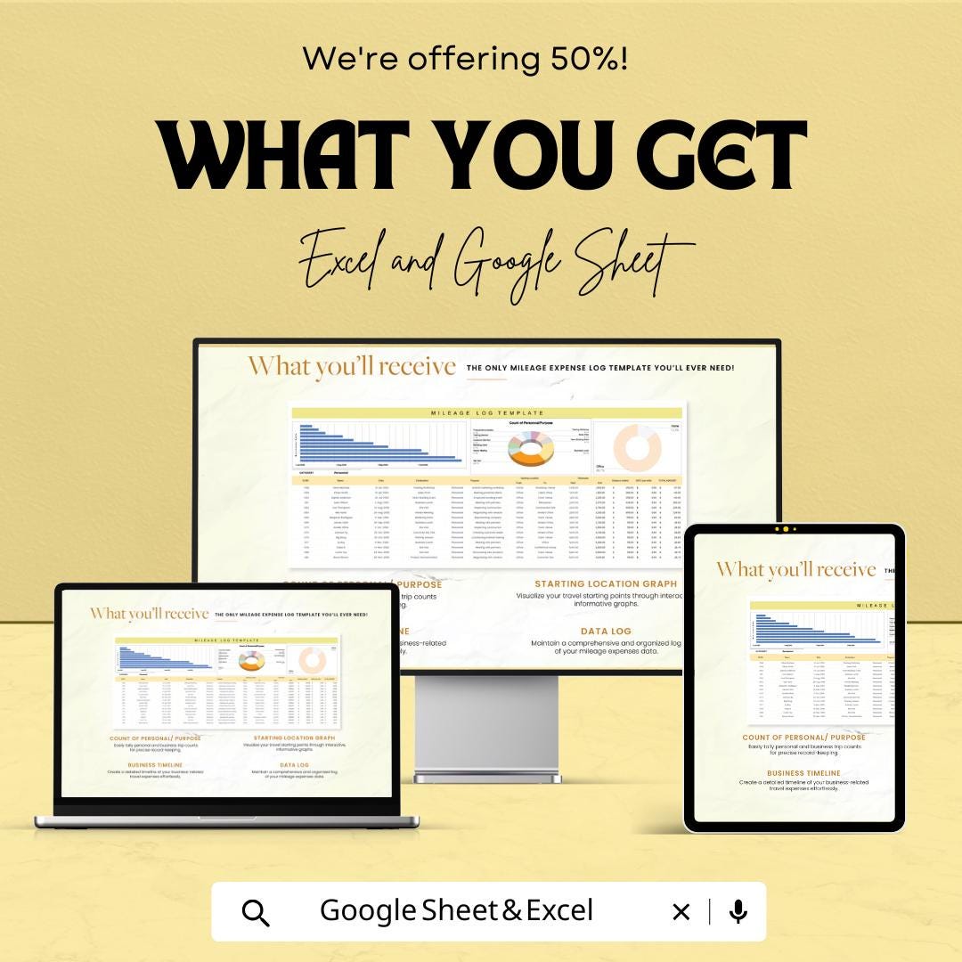 Mileage Expense Log Sheet – Track and Calculate Business/Personal Mileage | Excel & Google Sheet Template