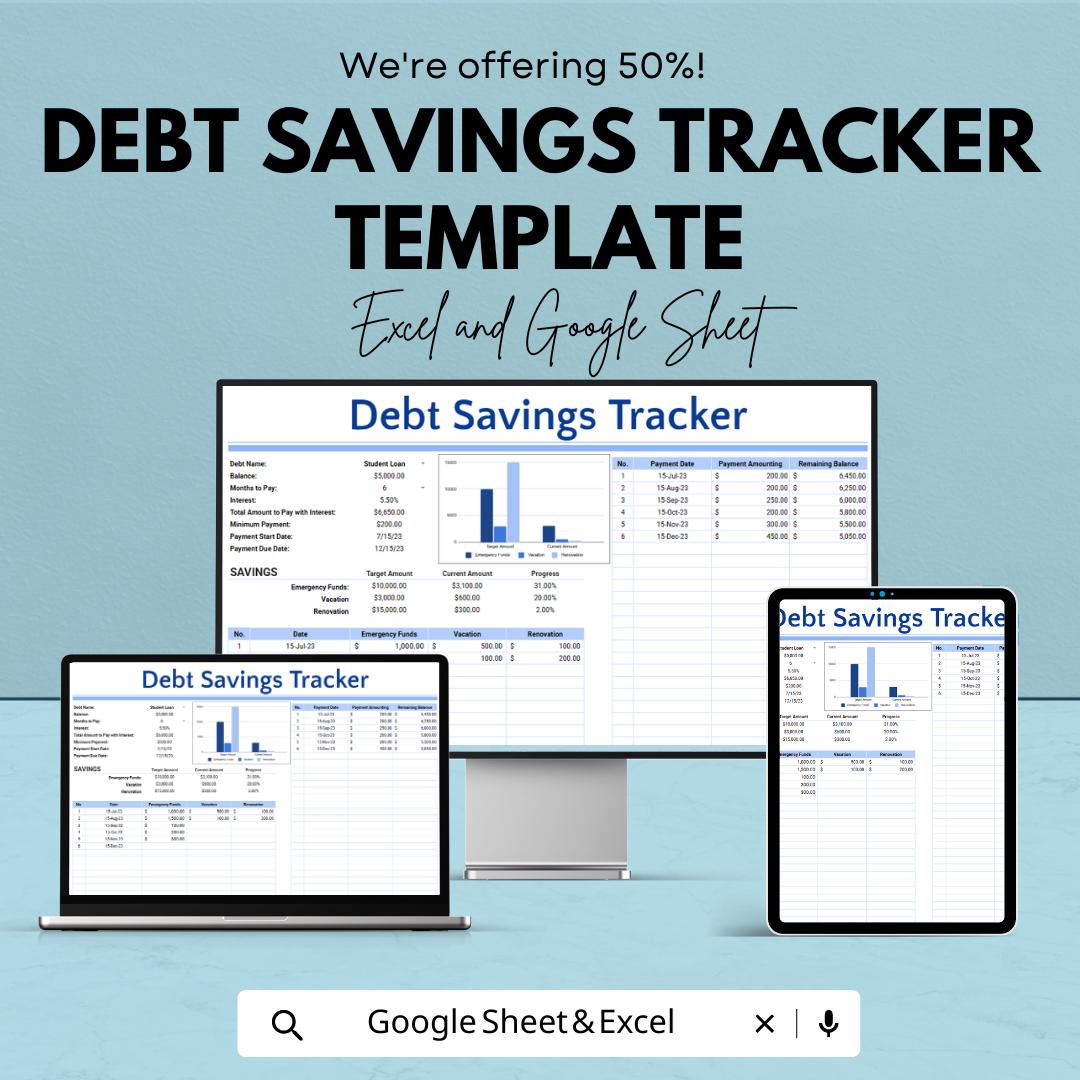 Debt Savings Tracker Template | Excel and Google Sheets Debt and Savings Planner | Loan & Savings Spreadsheet | Personal Finance Organizer