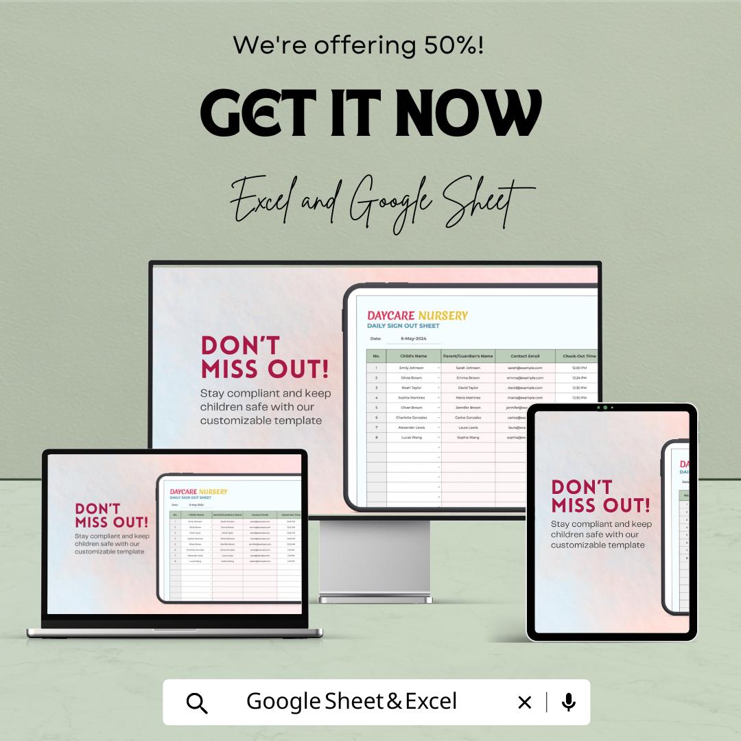 Daycare Nursery Daily Sign Out Sheet | Childcare Attendance Log for Parents | Excel & Google Sheets Template | Track Kids Check-In/Out