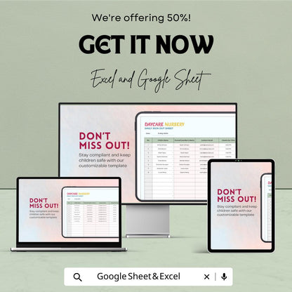 Daycare Nursery Daily Sign Out Sheet | Childcare Attendance Log for Parents | Excel & Google Sheets Template | Track Kids Check-In/Out