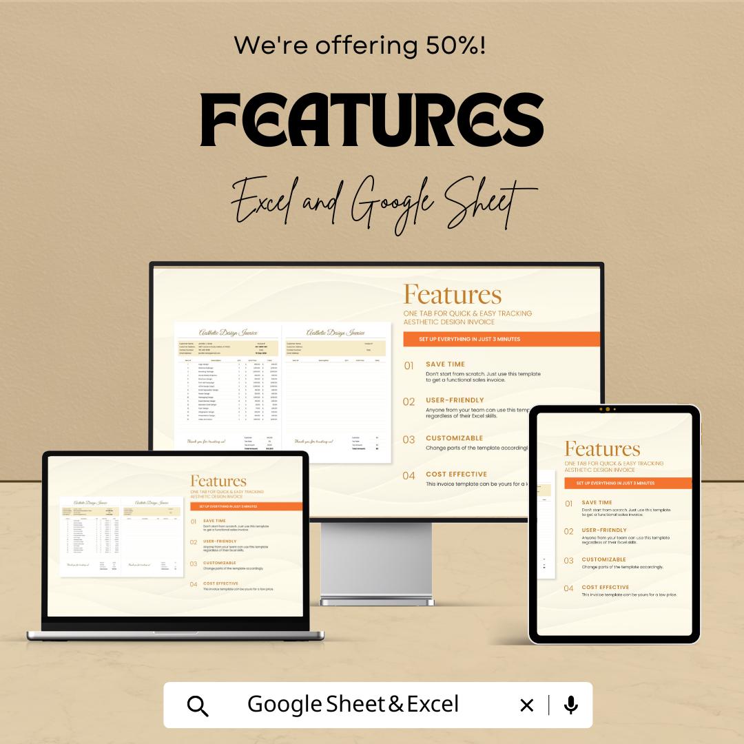Aesthetic Design Invoice Template - Excel and Google Sheet, Professional Billing, Customizable, Track Expenses & Payments