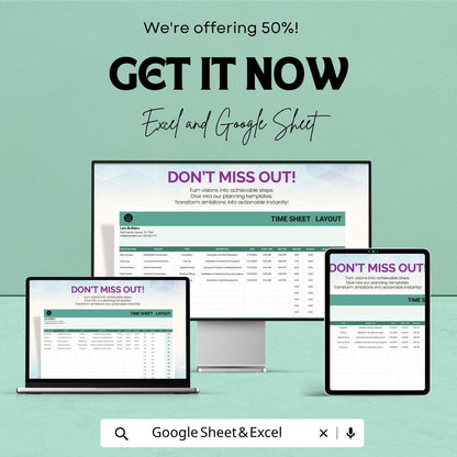 Timesheet Layout Template | Employee Timesheet Spreadsheet | Work Hours Tracker Template | Payroll Time Log Sheet