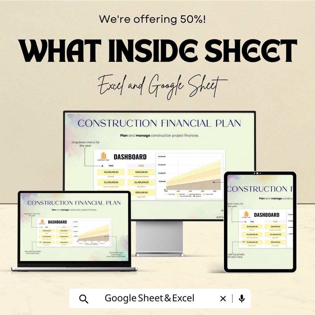 Construction Financial Plan Template | Dashboard Budget Forecast | Excel and Google Sheets | Construction Revenue Expense Cash Flow Planner