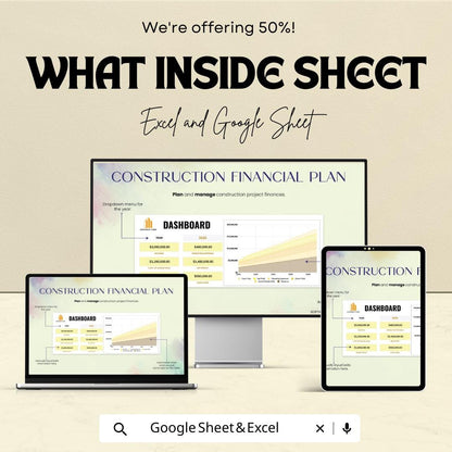 Construction Financial Plan Template | Dashboard Budget Forecast | Excel and Google Sheets | Construction Revenue Expense Cash Flow Planner