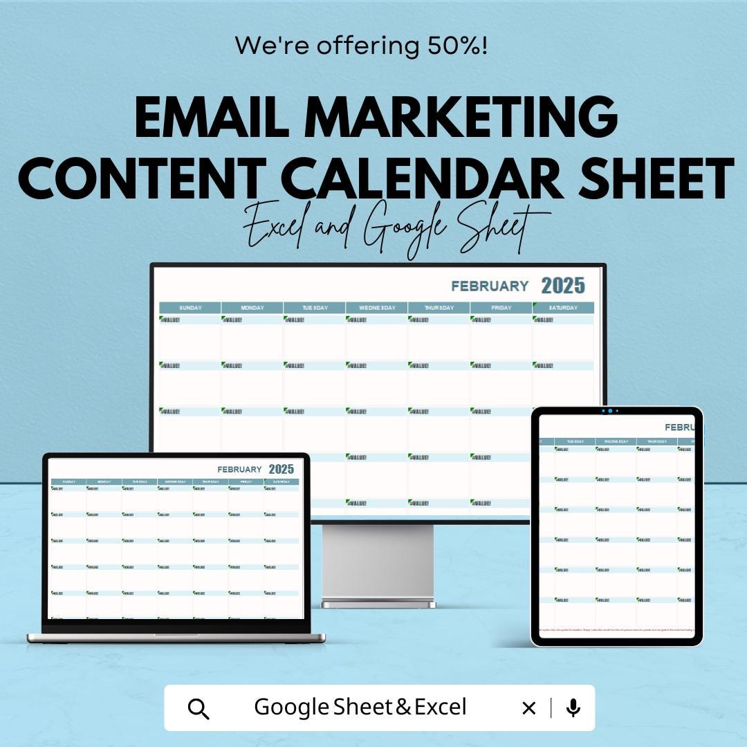 Email Marketing Content Calendar Sheet - Excel and Google Sheet Template for Email Campaign Scheduling & Tracking - Marketing Planner