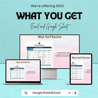Real Estate Agent Timesheet - Excel & Google Sheets | Track Work Hours, Appointments, and Tasks | Customizable Template