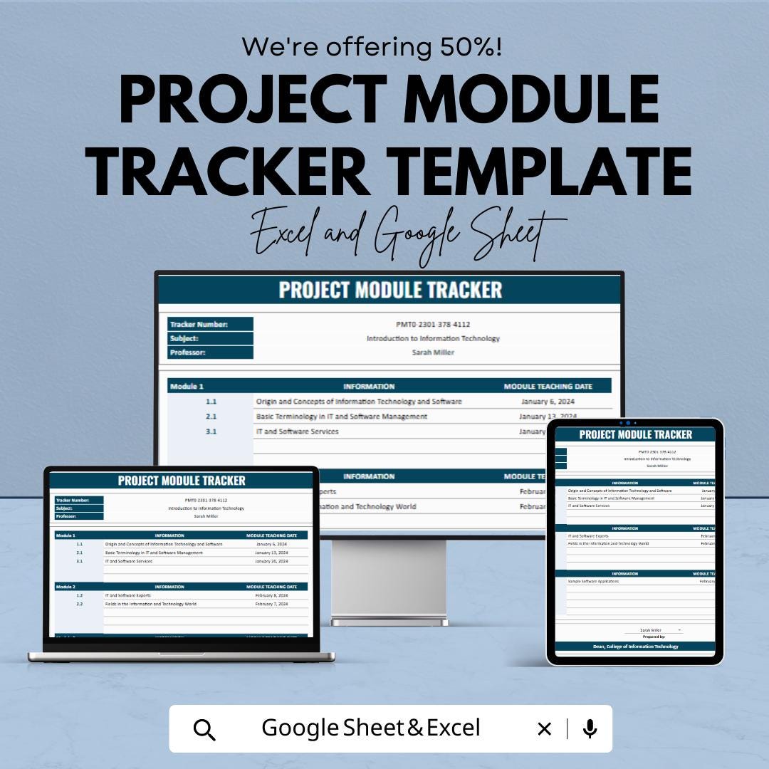 Project Module Tracker Template Excel and Google Sheets | Project Management Spreadsheet | Task & Progress Tracking Dashboard