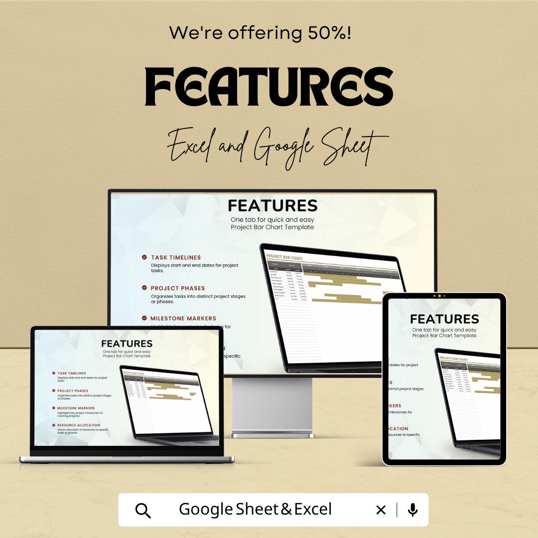 Project Bar Chart Template | Gantt Chart Spreadsheet | Project Timeline Tracker | Task Schedule Planner | Project Management Tool
