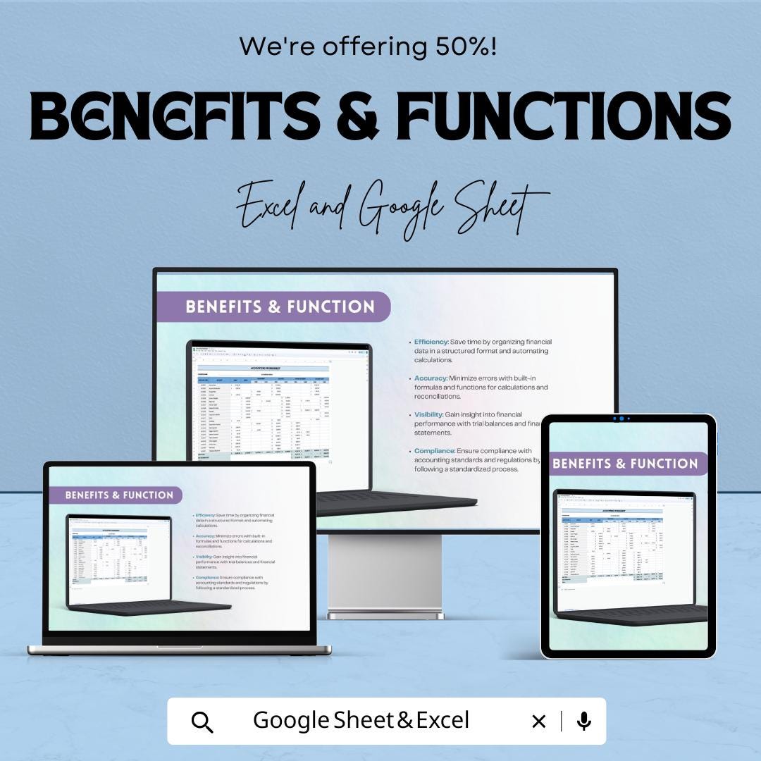 Accounting Worksheet Template | Excel and Google Sheets | Financial Statement Preparation | Trial Balance Template | Accounting Spreadsheet