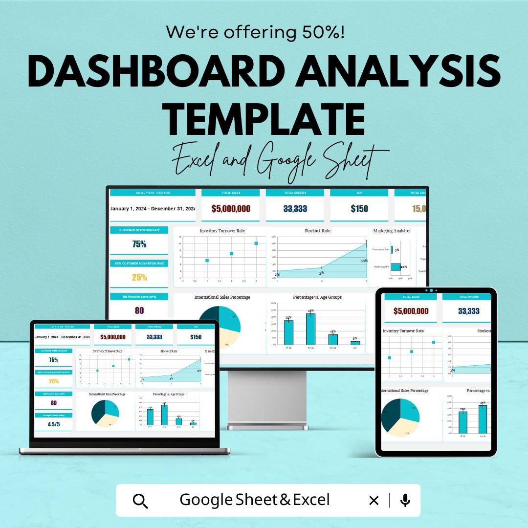 Dashboard Analysis Template | Business KPI Dashboard Spreadsheet | Data Analysis Report Template | Performance Analytics Tool