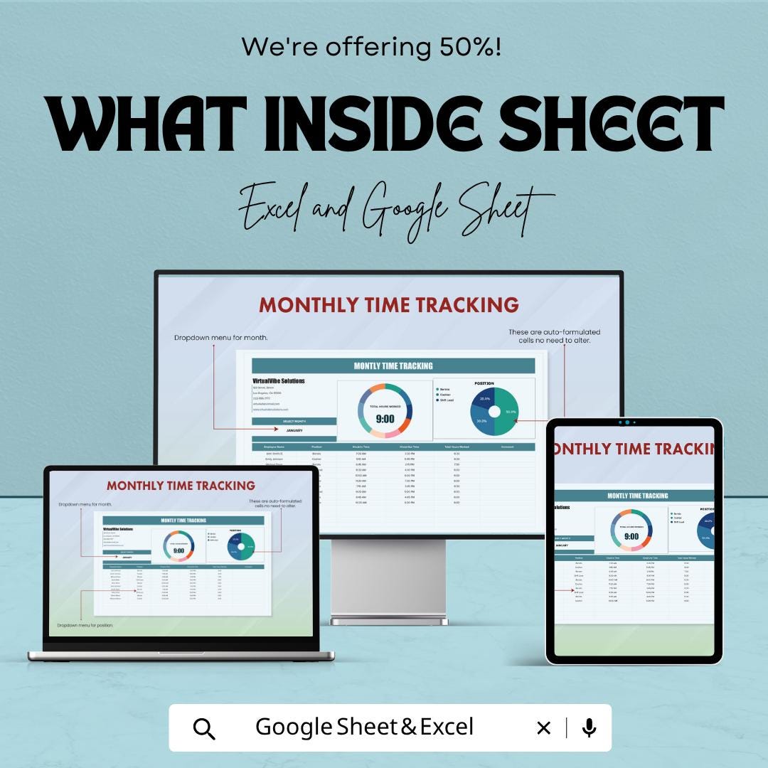 Monthly Time Tracking Template | Employee Time Tracker Spreadsheet | Timesheet Template Excel | Work Hours Tracker | Excel & Google Sheets