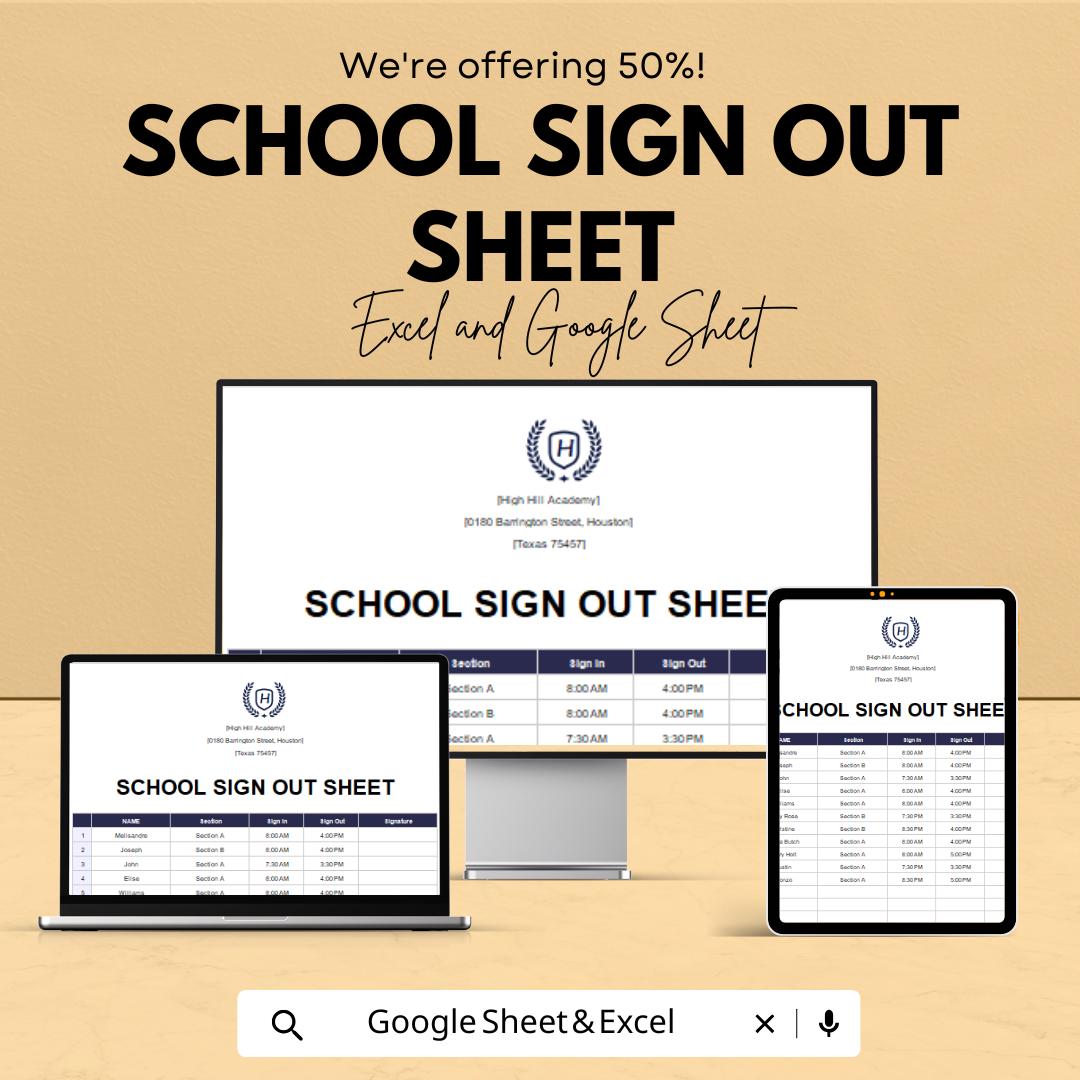 School Sign Out Sheet Template for Excel & Google Sheets | Instant Download | 50% Off | Track Student Departures with Ease