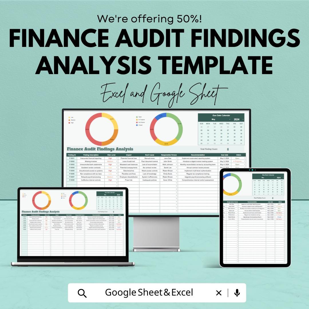 Finance Audit Findings Analysis Template, Audit Tracker Excel, Google Sheets Audit Log, Financial Audit Dashboard, Risk Assessment Tool