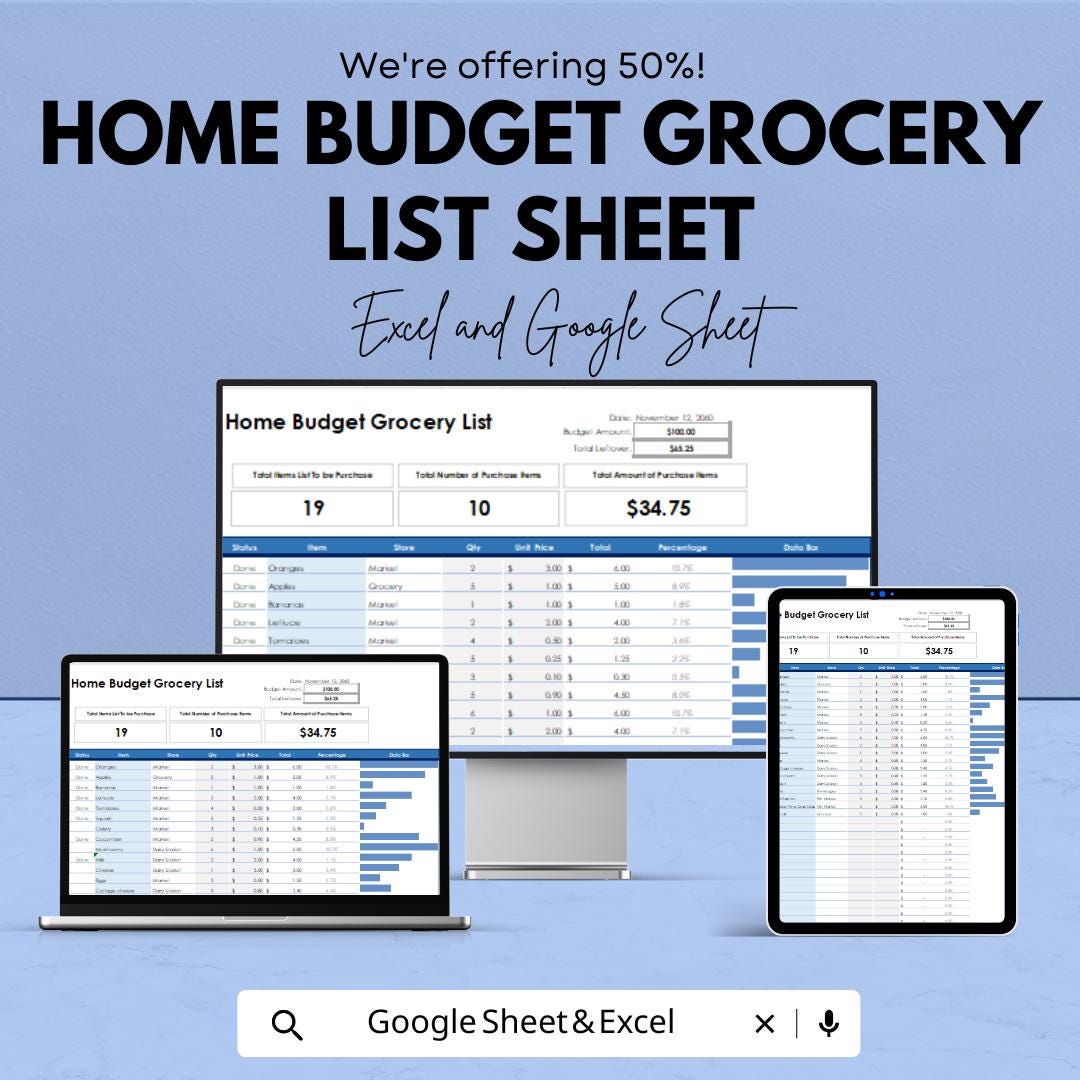 Home Budget Grocery List Template - Excel and Google Sheets | Budget Tracker & Grocery Shopping Organizer
