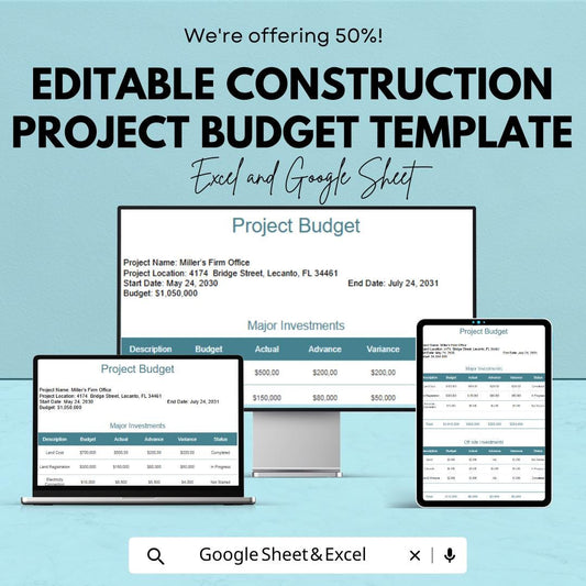 Editable Construction Project Budget Template | Construction Budget Spreadsheet | Project Cost Tracking Sheet | Contractor Budget Planner