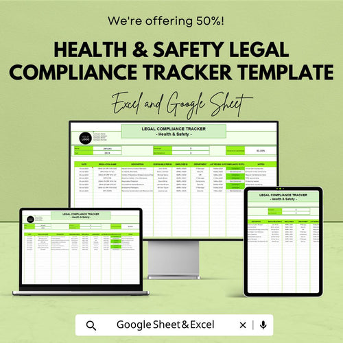 Health & Safety Legal Compliance Tracker Template | Excel and Google Sheets | HSE Compliance Tracker | Safety Regulation Log