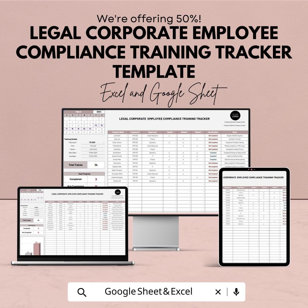 Legal Employee Compliance Training Tracker Template, Corporate Training Log, Law Firm Training Spreadsheet