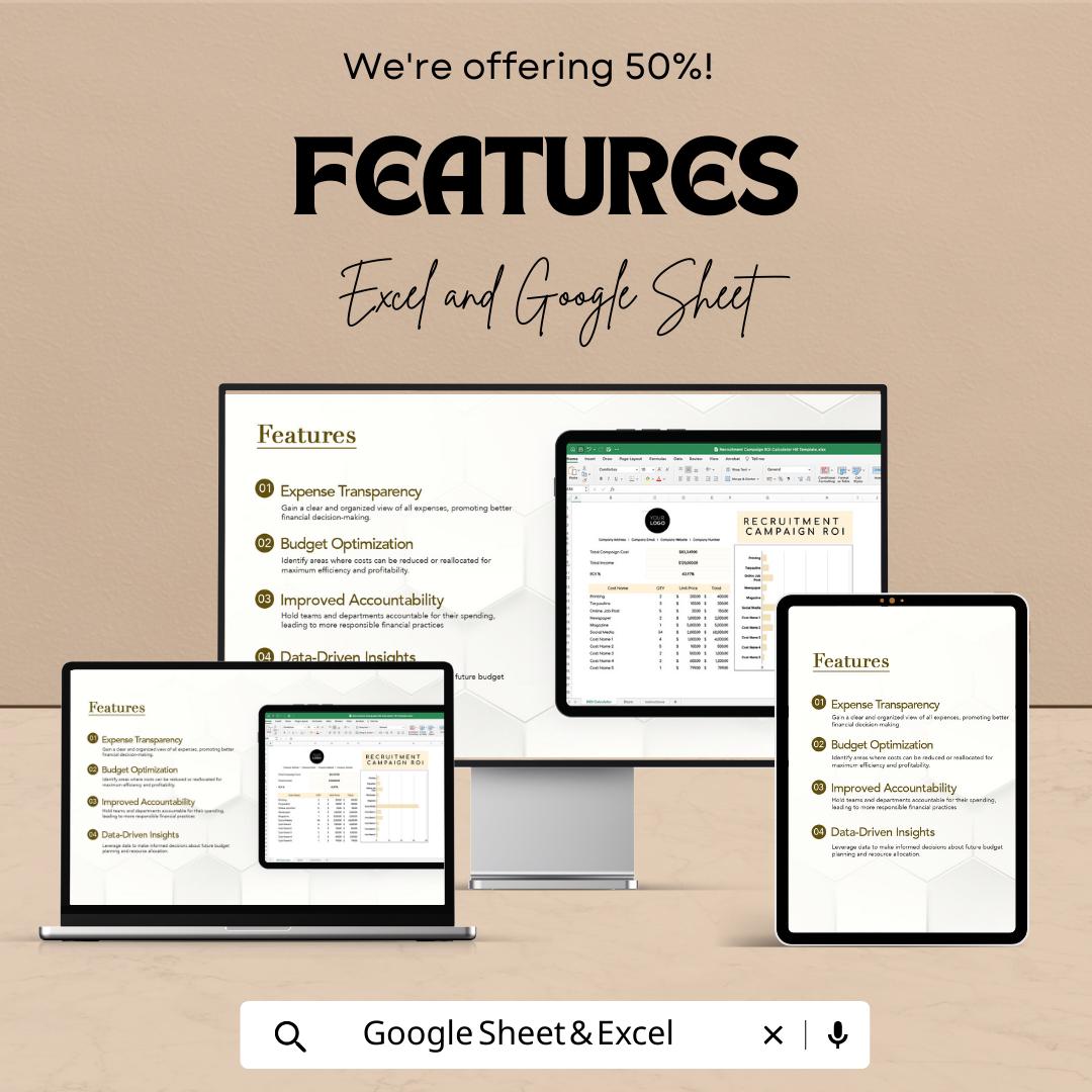 Recruitment Campaign ROI Calculator, HR Hiring Cost Template, Recruitment Budget Tracker, Hiring ROI Spreadsheet, Excel Google Sheets