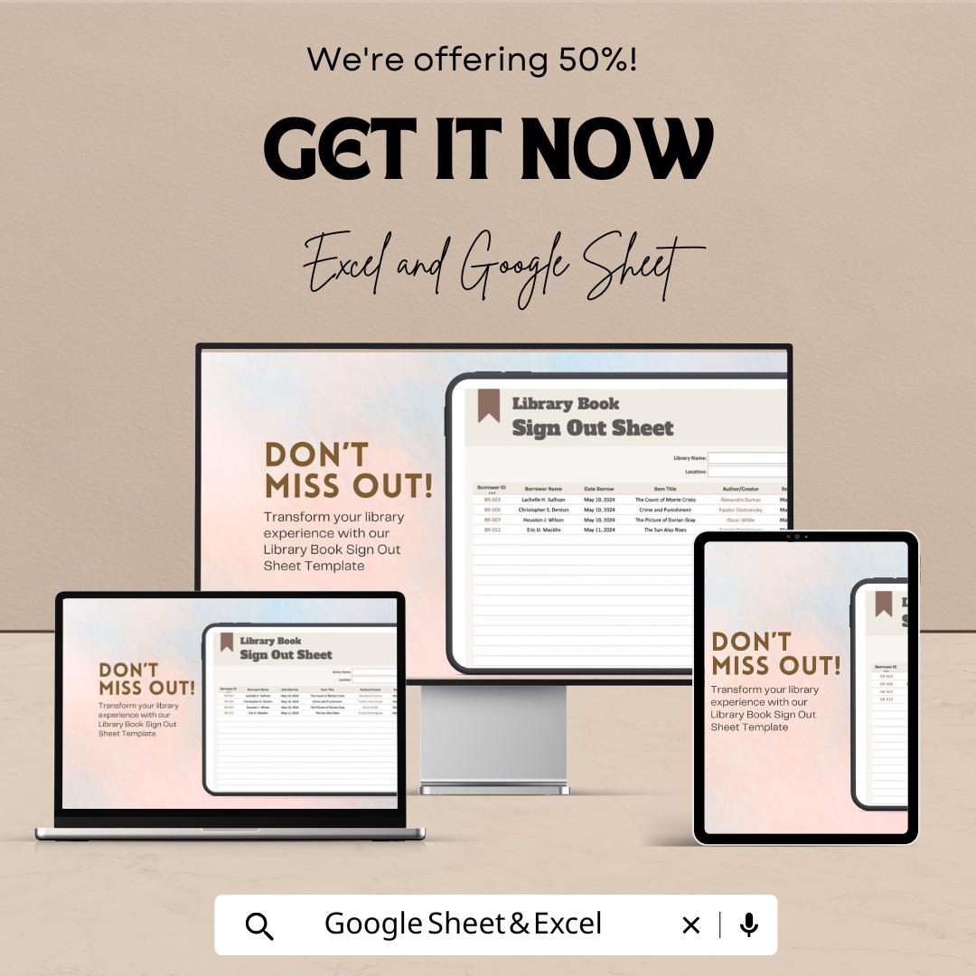 Library Book Sign Out Sheet Template - Excel and Google Sheet | Track Library Usage & Borrowed Books | Easy-to-Use Library Management Tool