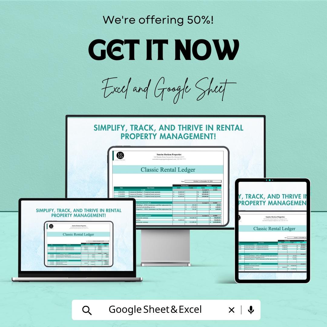 Classic Rental Ledger Template | Excel & Google Sheets | Rent Payment Tracker | Tenant Ledger | Property Management Spreadsheet