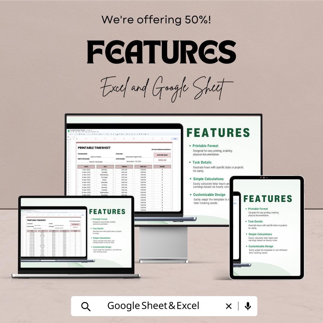 Printable Timesheet Template - Editable Excel & Google Sheet for Easy Time Tracking