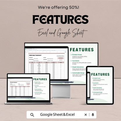 Printable Timesheet Template - Editable Excel & Google Sheet for Easy Time Tracking