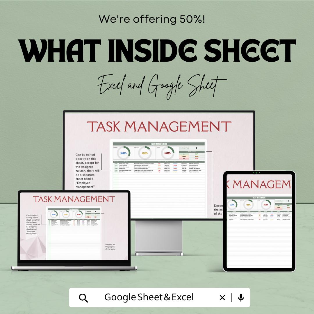 Task Management Template | Project Task Tracker | Workflow Planner Spreadsheet | Team Task Organizer | Productivity Tool