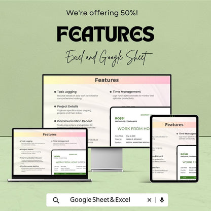Sample Work From Home Log Sheet | Excel & Google Sheets Template | Track Tasks, Time, and Productivity | Remote Work Productivity Tool