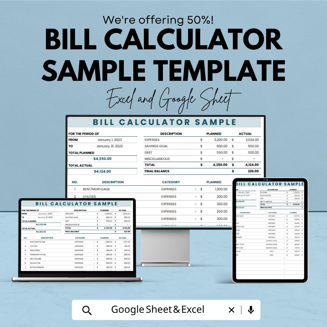 Bill Calculator | Monthly Budget Planner | Expense Tracker Spreadsheet | Personal Finance Template | Budget Calculator Sheet