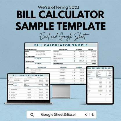 Bill Calculator | Monthly Budget Planner | Expense Tracker Spreadsheet | Personal Finance Template | Budget Calculator Sheet