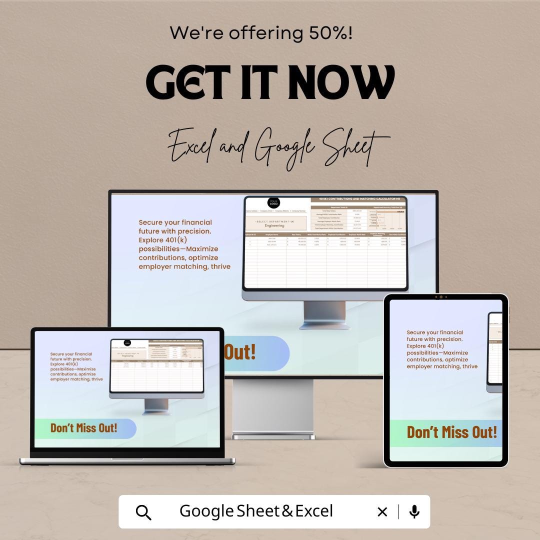 401(k) Contributions and Matching Calculator HR Sheet – Excel & Google Sheet – Employee Retirement Planning Tool – Tax, Matching