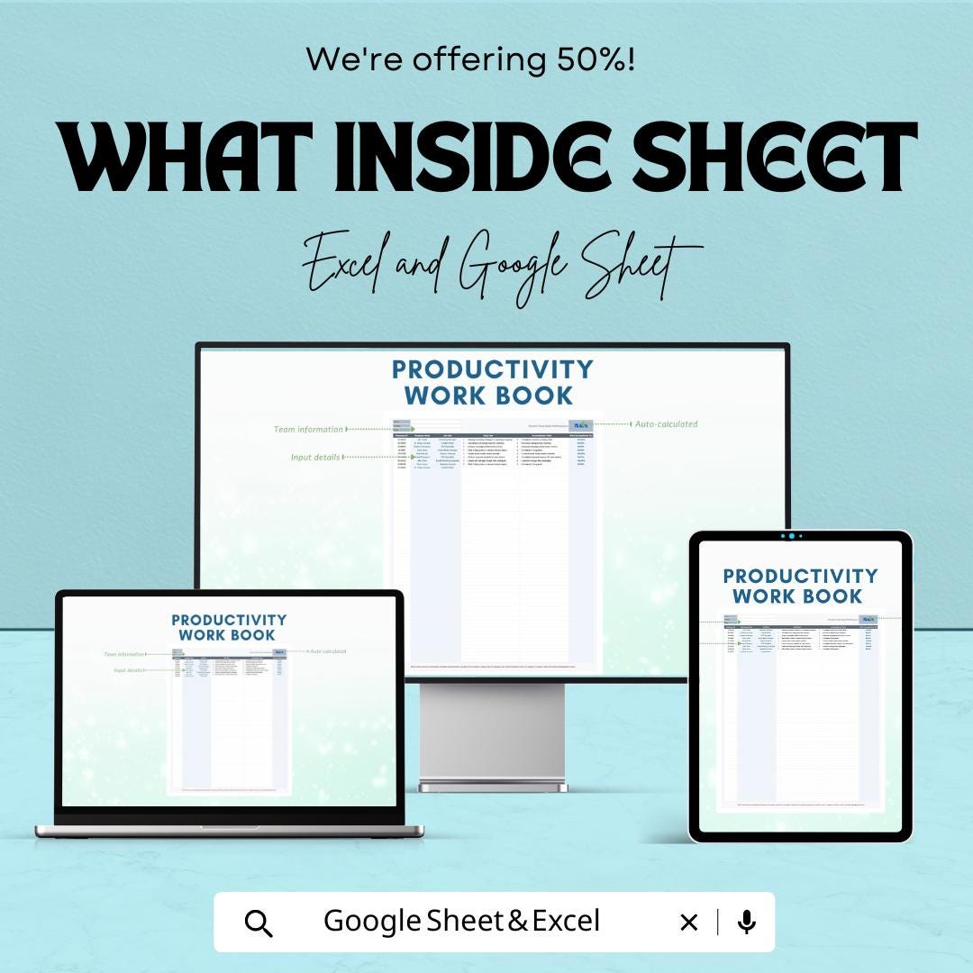 Productivity Workbook Sheet - Track Daily Tasks and Goals | Excel & Google Sheet | Improve Work Efficiency | Daily Performance Tracker