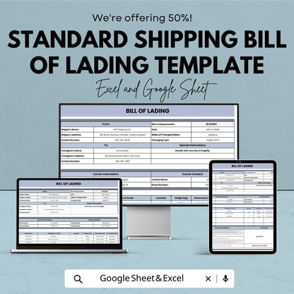Shipping Bill of Lading Template | Freight Logistics Spreadsheet | Shipment Tracker | Excel & Google Sheets Template |