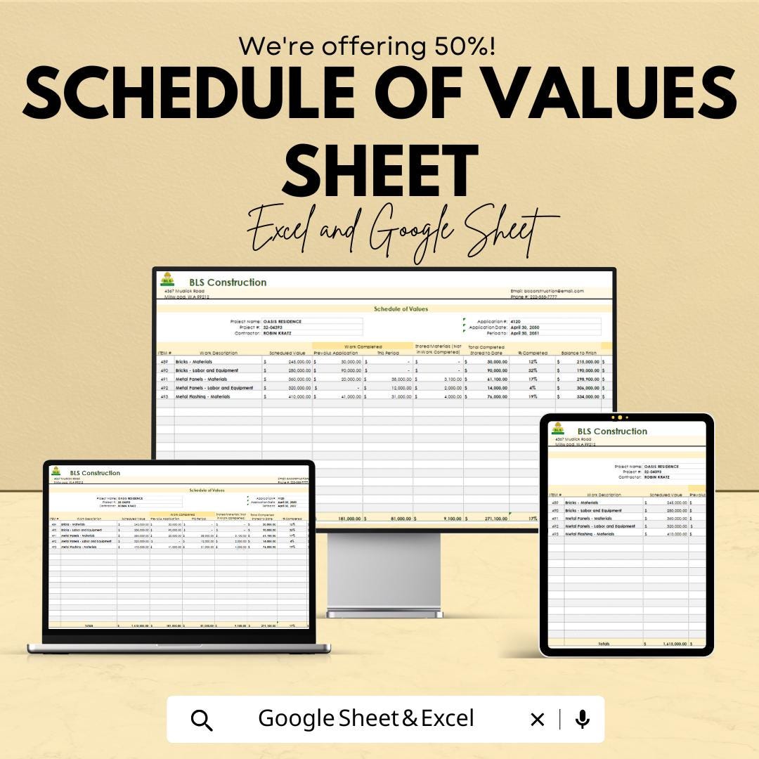 Schedule of Values Sheet | Excel & Google Sheets Template | Construction Project Cost Tracker
