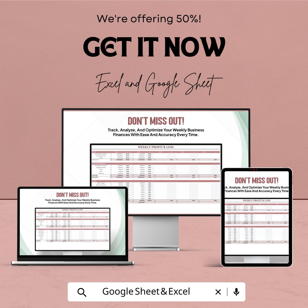 Weekly Profit and Loss Template for Excel  Google Sheets | Small Business Income & Expense Tracker | Financial Report Sheet