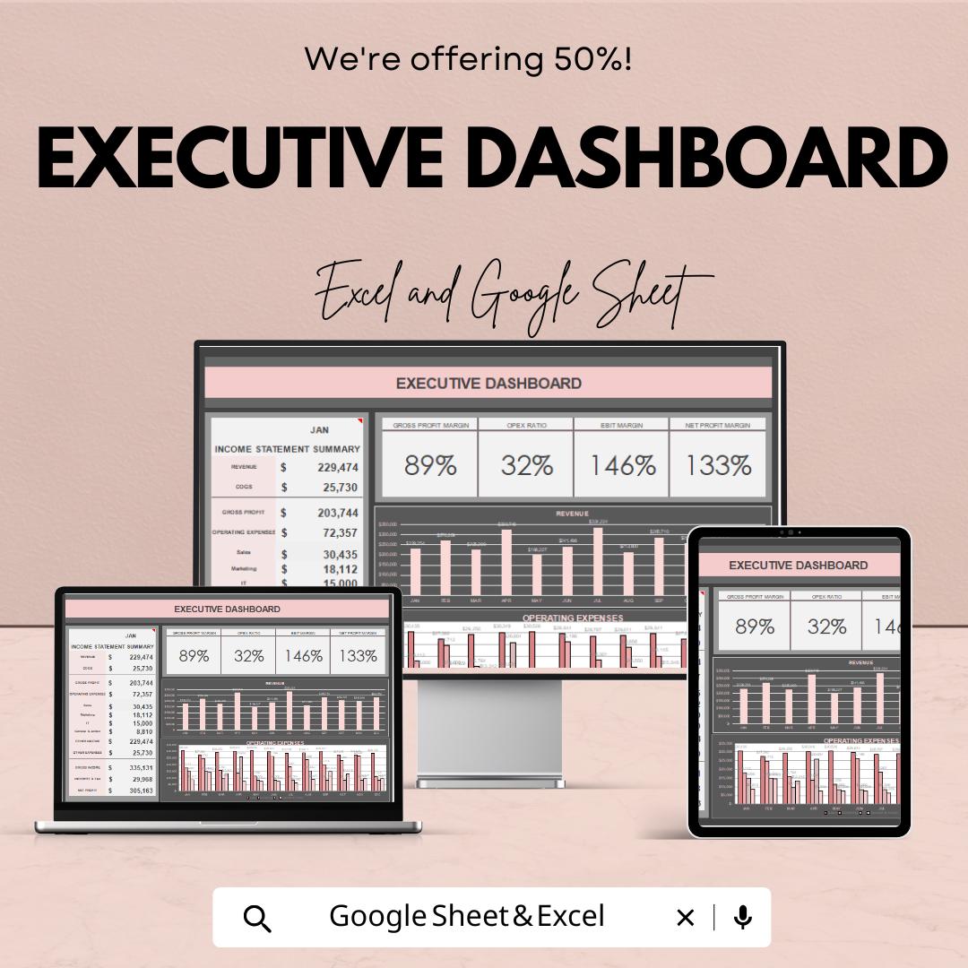 Executive Dashboard Excel and Google Sheet Template - Financial Overview, Budget Analysis & Performance Tracker