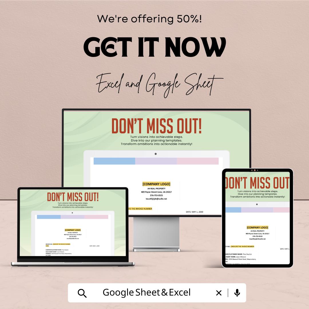 Simple Real Estate Invoice Template - Excel & Google Sheets - Easy-to-Use Invoice Tracker for Property Rentals